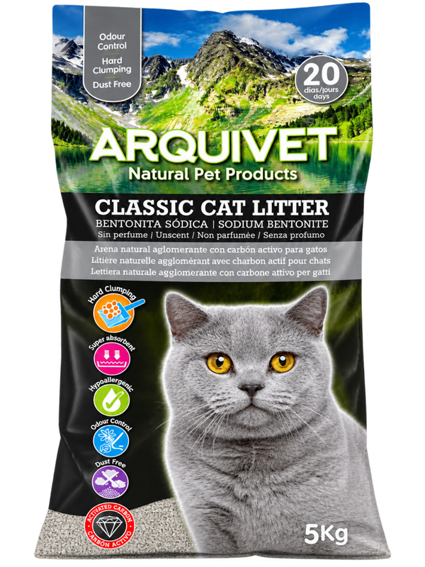 ARQUIVET® CLASSIC CAT LITTER – ARENA AGLOMERANTE DE BENTONITA SÓDICA CON CARBÓN ACTIVO – 5 KG