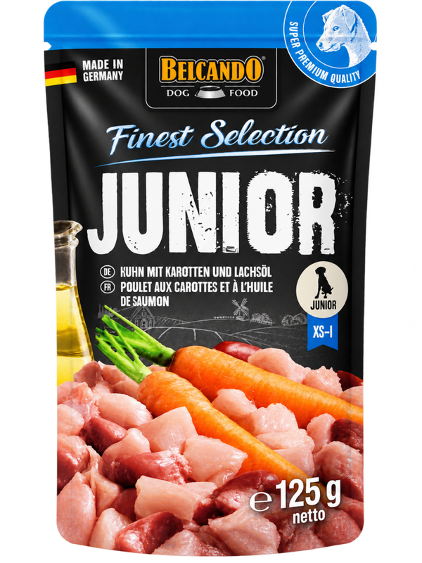 BELCANDO® FINEST SELECTION JUNIOR – POLLO CON ZANAHORIAS Y ACEITE DE SALMÓN – ALIMENTO HÚMEDO PARA CACHORROS Y PERROS JÓVENES – 125 G