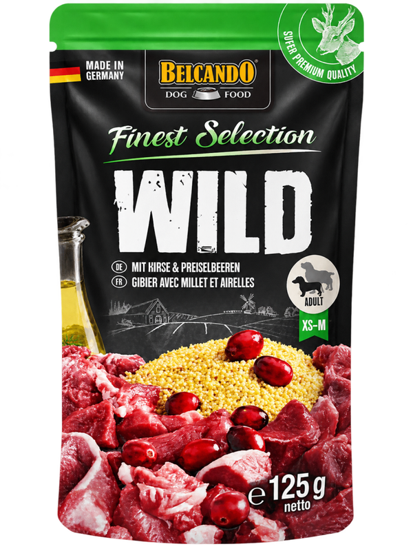 BELCANDO® FINEST SELECTION VENADO – CON MIJO Y CRANBERRIES – ALIMENTO HÚMEDO PARA PERROS ADULTOS – 125 G