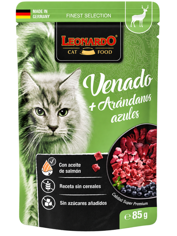 LEONARDO® FINEST SELECTION VENADO + ARÁNDANOS AZULES – ALIMENTO HÚMEDO PARA GATOS ADULTOS – 85 G