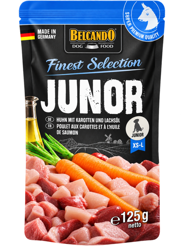 BELCANDO® FINEST SELECTION JUNIOR – POLLO CON ZANAHORIAS Y ACEITE DE SALMÓN – ALIMENTO HÚMEDO PARA CACHORROS – 125 G