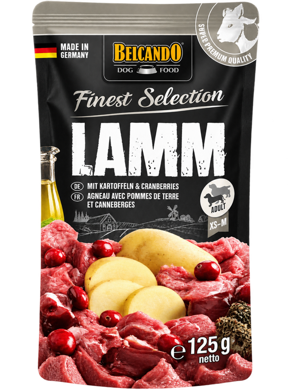 BelcandoBELCANDO® FINEST SELECTION CORDERO + PATATA + CRANBERRIES – ALIMENTO HÚMEDO PARA PERROS ADULTOS – 125 G
