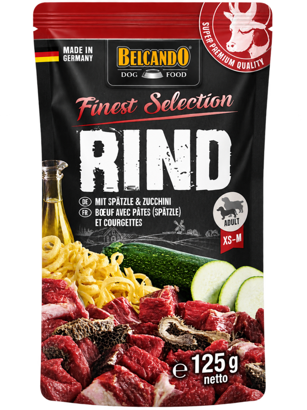 BELCANDO® FINEST SELECTION RIND – TERNERA CON SPÄTZLE Y CALABACÍN – ALIMENTO HÚMEDO PARA PERROS ADULTOS – 125 G