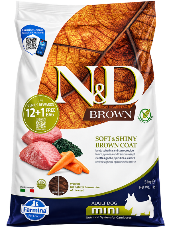 FARMINA N&D® BROWN – CORDERO, ESPIRULINA Y ZANAHORIA ADULT MINI – ALIMENTO SECO PARA PERROS ADULTOS – 5 KG