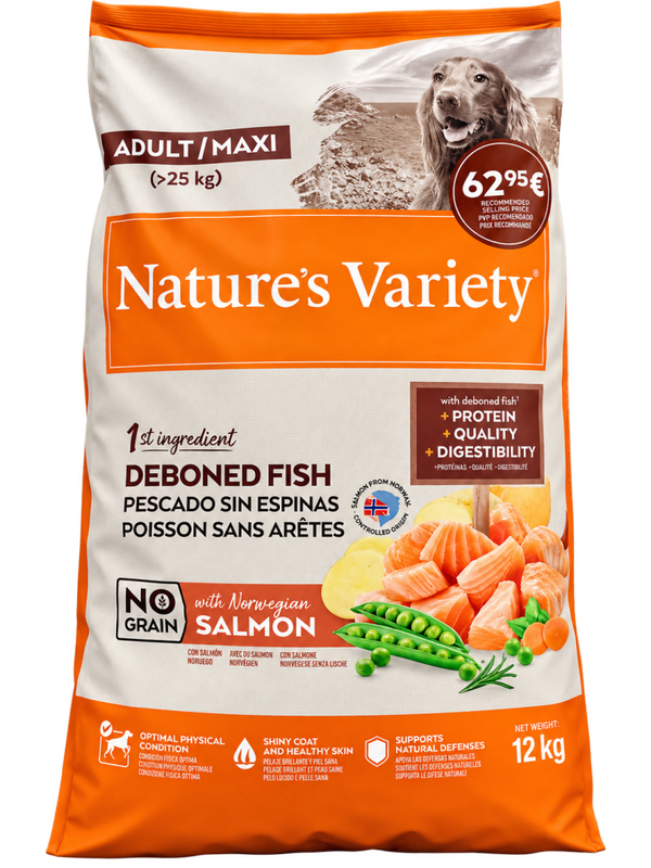 NATURE'S VARIETY® ORIGINAL ADULT MAXI – SALMÓN NORUEGO SIN CEREALES – ALIMENTO SECO PARA PERROS ADULTOS – 12 KG