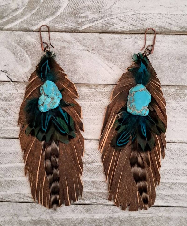 Southwestern Leather Turquoise Feather Pierced Earrings