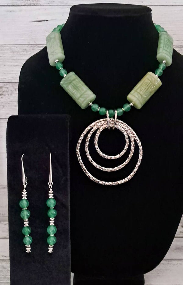 Zen Carved Aventurine Silver Circles Necklace & Earring Set