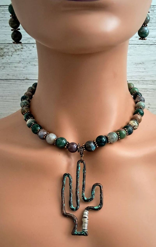 Seguaro Patina Cactus Fancy Jasper Necklace & Earring Set