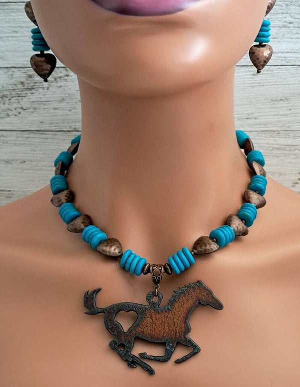 Galloping Rustic Metal Horse Turquoise Necklace & Earring Set
