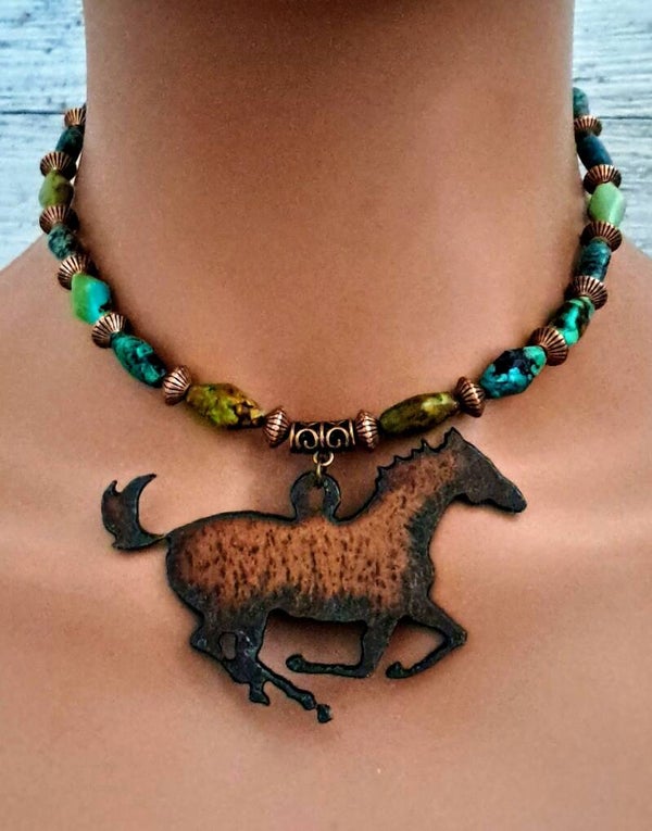 Wild West Metal Horse Turquoise Necklace