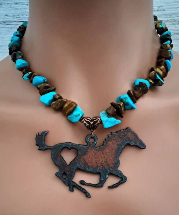 Tiger's Eye & Turquoise Rustic Horse Necklace & Earring Set