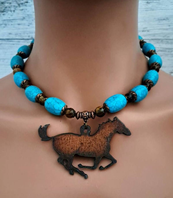 Southwestern Rustic Metal Horse Necklace & Earring Set