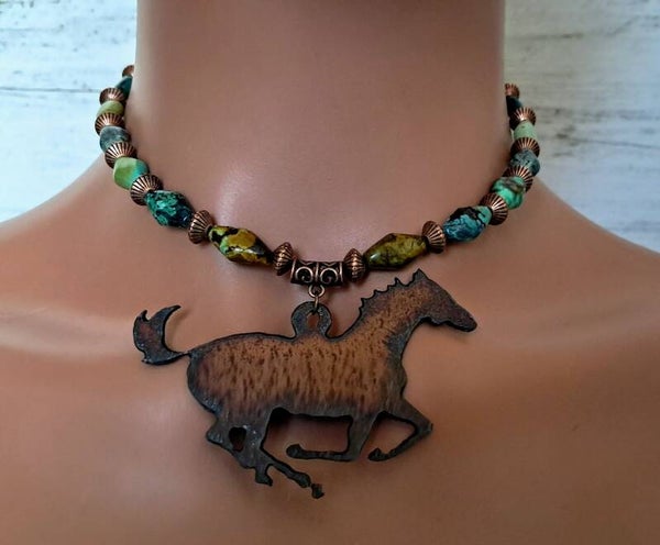 Wild West Metal Galloping Horse Genuine Turquoise Necklace