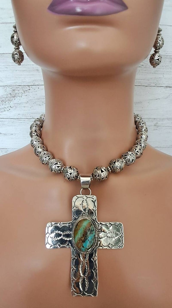Navajo Hand Stamped Turquoise Cross Necklace & Earring Set