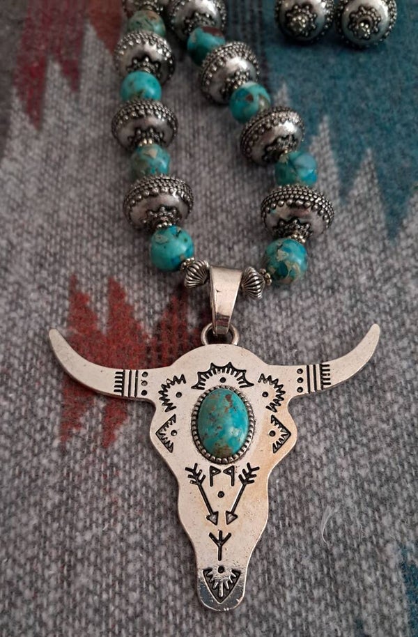 Longhorn Turquoise Cabochon Imperial Jasper Necklace & Earring Set