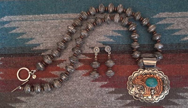 Navajo Southwestern Copper Silver Stamped Bear Long Necklace & Earring Set