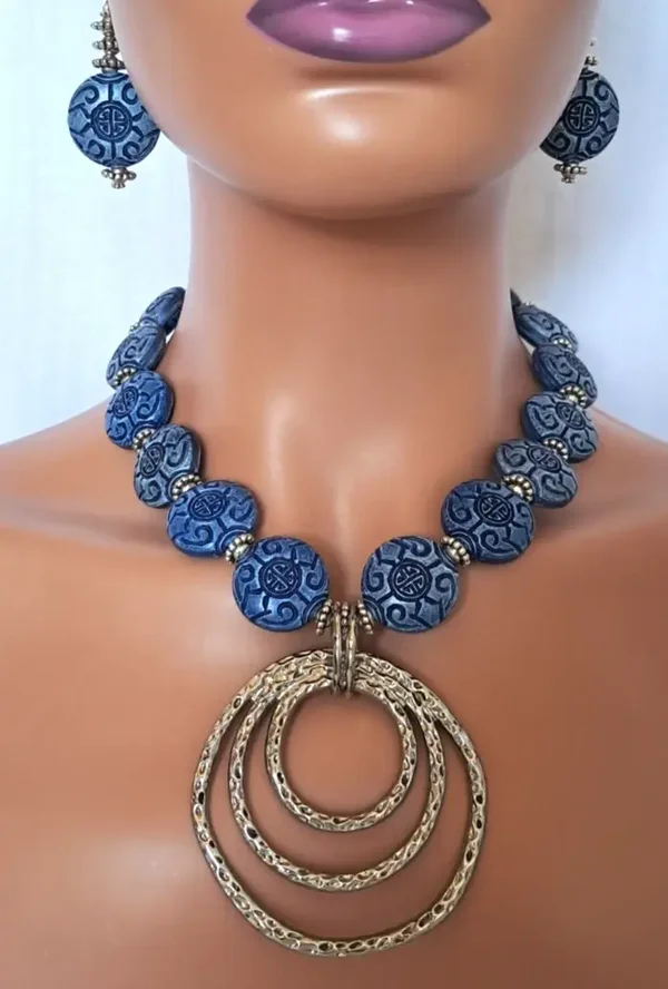 Zen Asian Inspired Silver Circle Necklace & Earring Statement Set