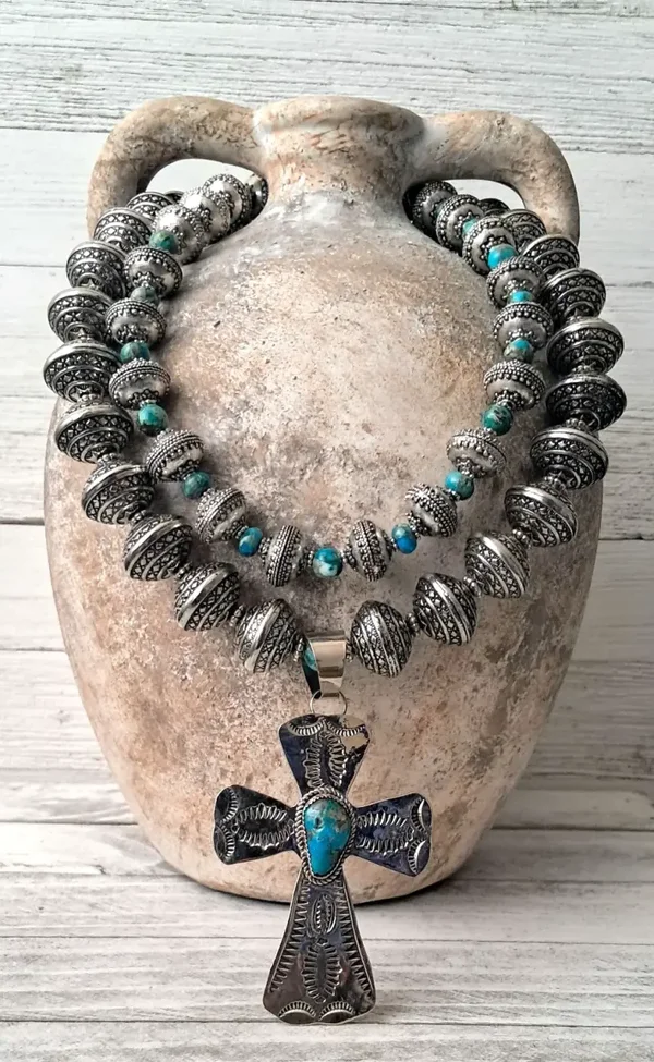 Southwestern Turquoise Cross Double Strand Statement Necklace & Earring Set