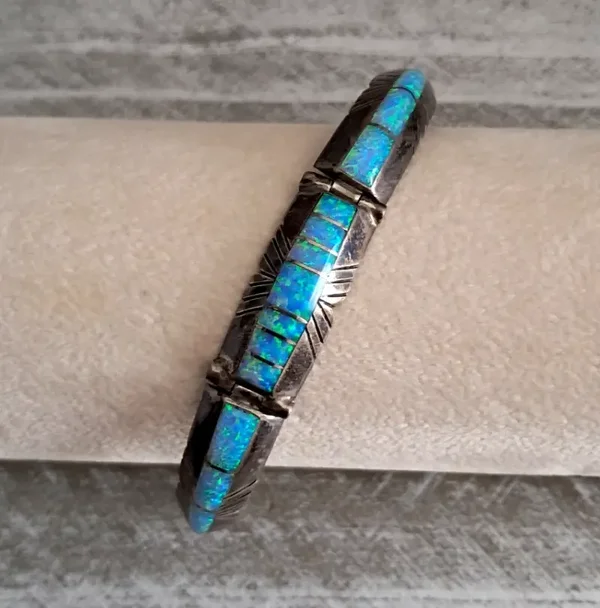 Navajo Vintage C Benally Southwestern Sterling Silver & Opal Hinge Bracelet