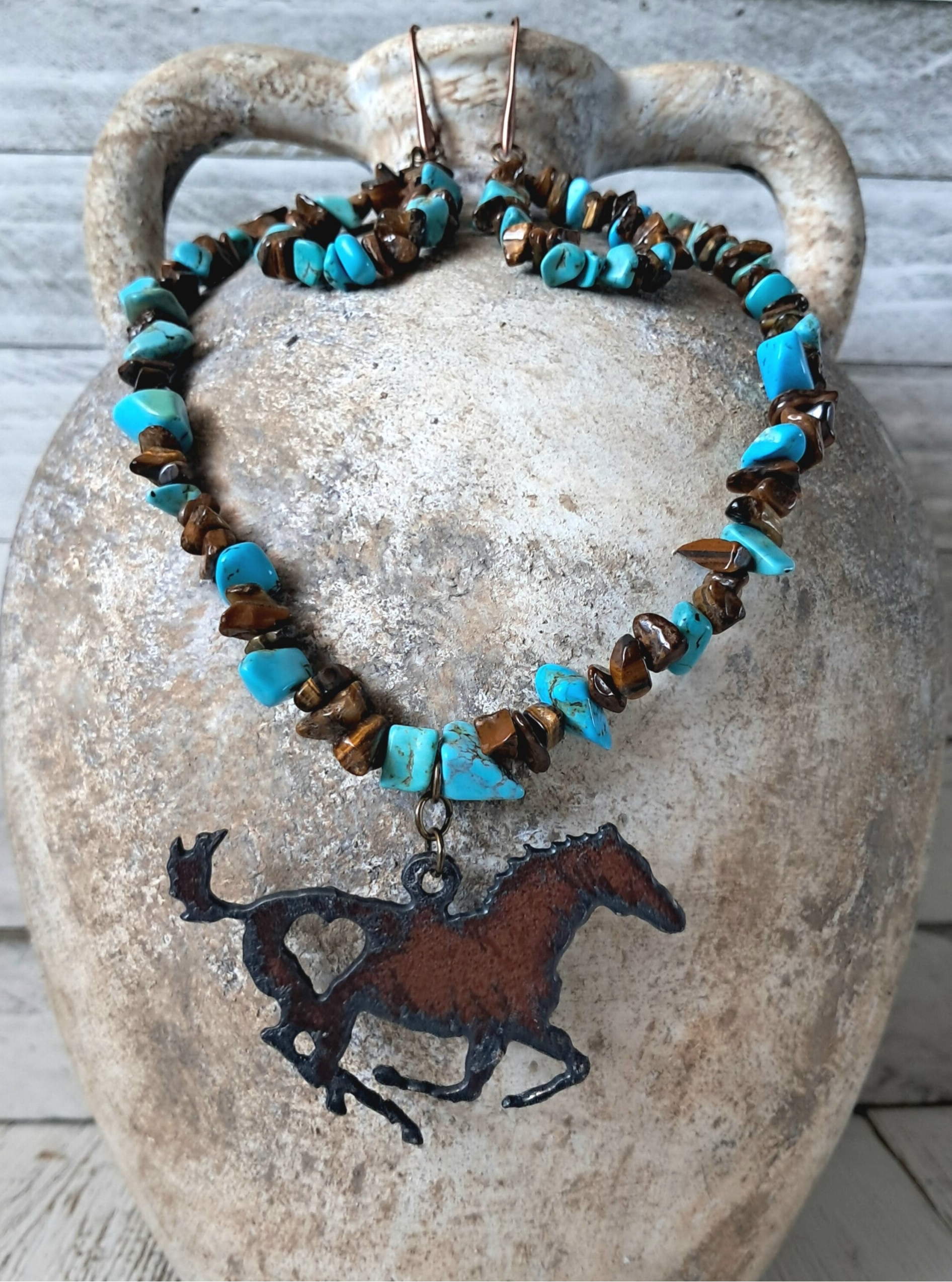 **measurements Tiger's Eye & Turquoise Rustic Horse Necklace & Earring Set
