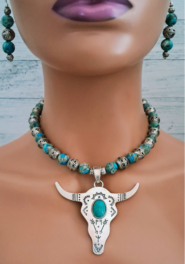 Longhorn Turquoise Cabochon Imperial Jasper Necklace & Earring Set