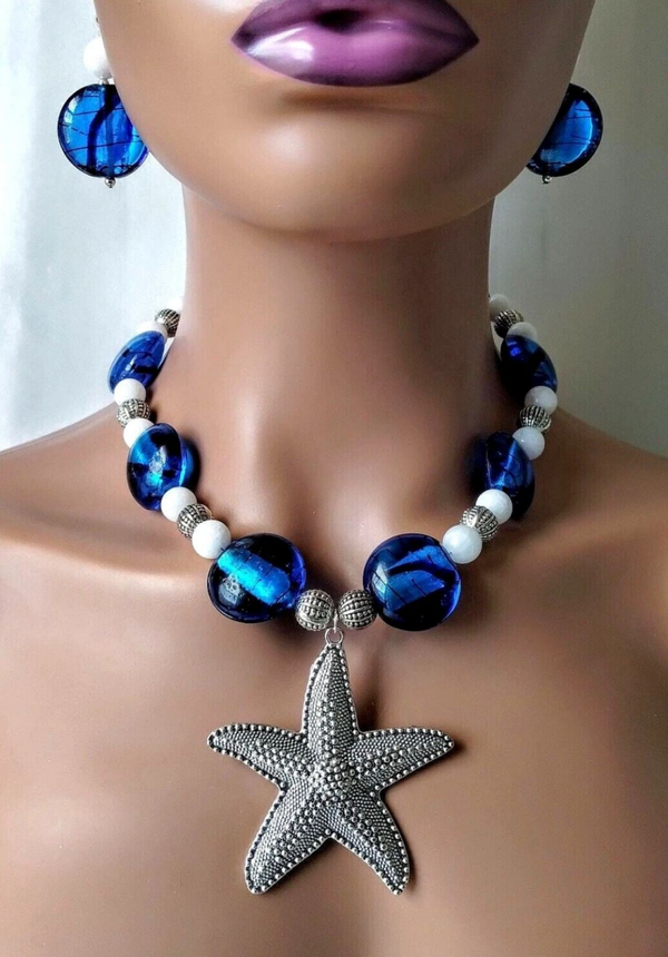 Starfish Pendant Cobalt Blue Glass Beads Statement Necklace& Earring Set