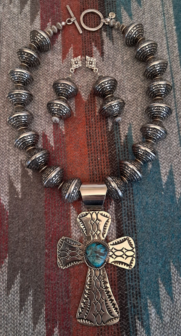 Navajo Southwestern Turquoise Cross Necklace & Earring Set