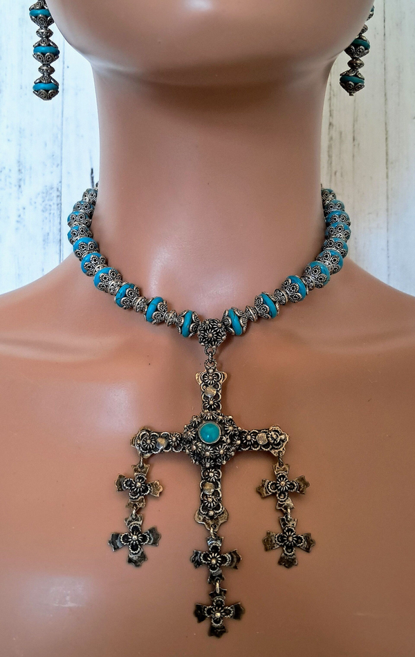 Vintage Sterling 925 Yalalag Mexico Wedding Cross Necklace & Earring Set