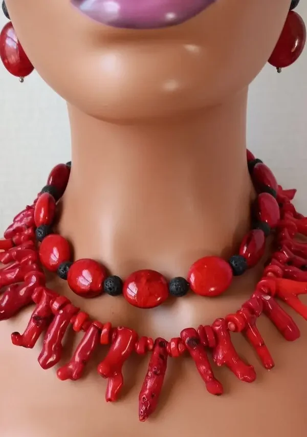 Red Coral Lava Double Strand Necklace & Earring Set