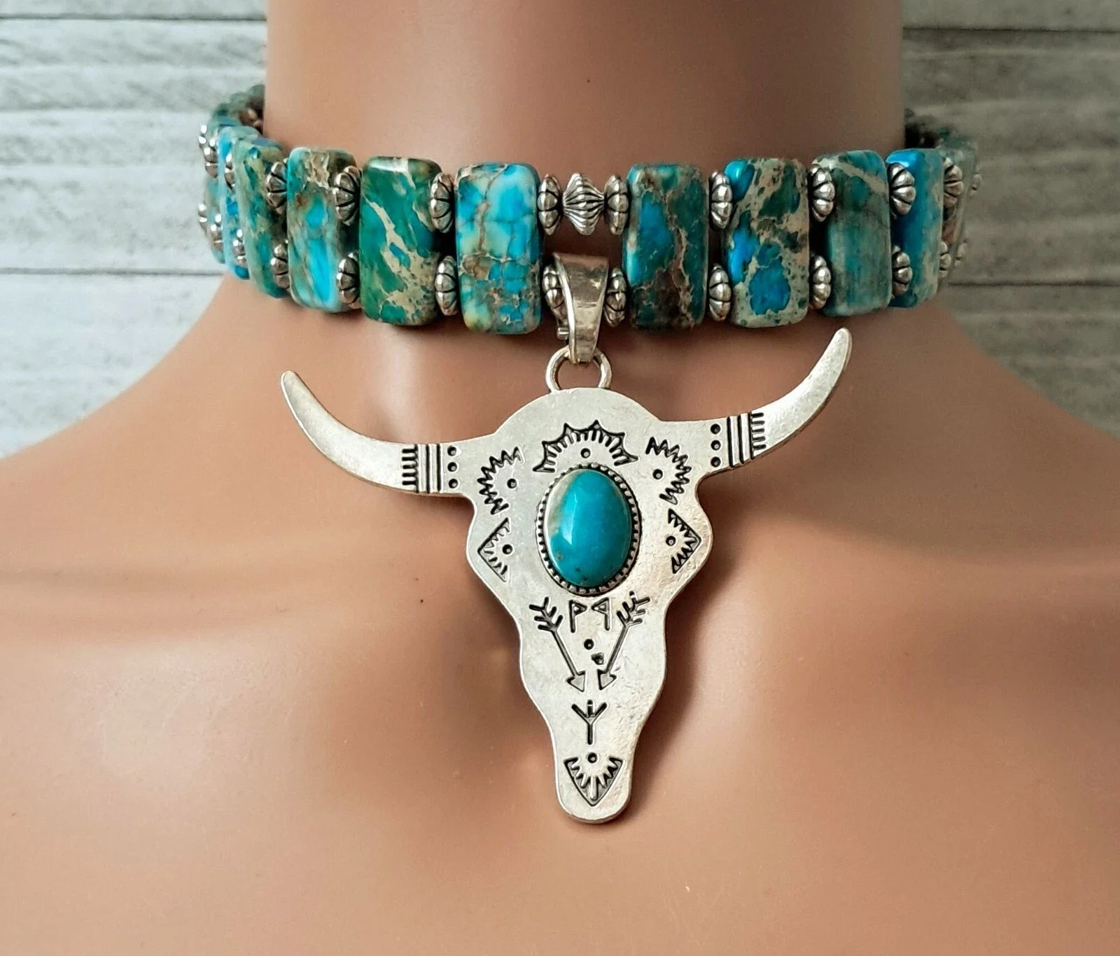 Imperial Jasper Longhorn Turquoise Choker Necklace
