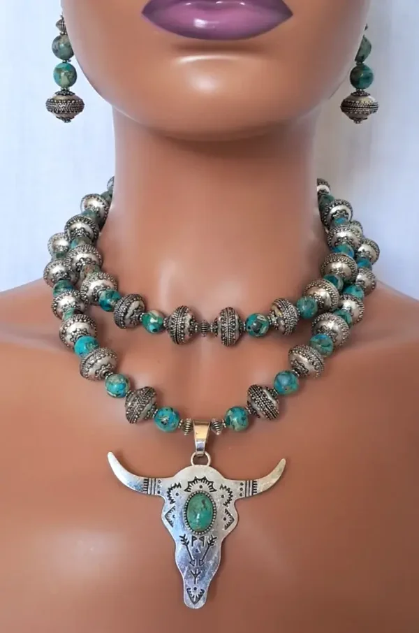 **upload post Longhorn Double Strad Imperial Jasper Turquoise Cabochon Necklace & Earring Set 3