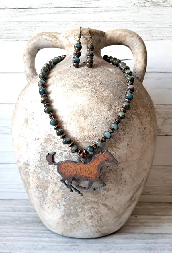 Rustic Metal Horse Necklace & Earring Set