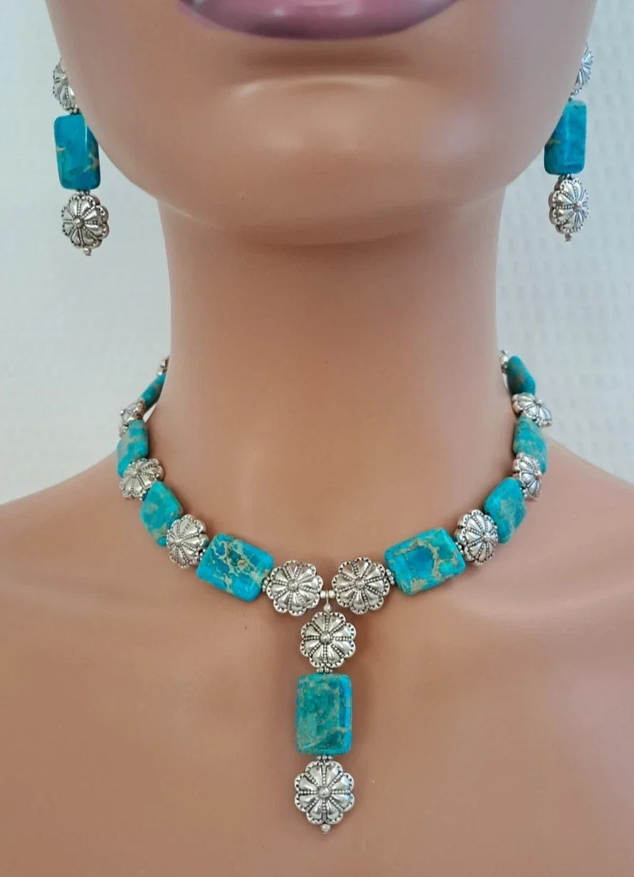 Southwestern Imperial Jasper Silver Flower Necklace & Earring Set