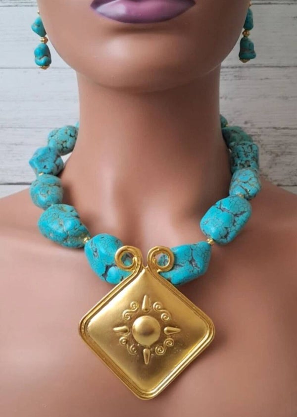 Gold Sun Turquoise Statement Necklace & Earring Set