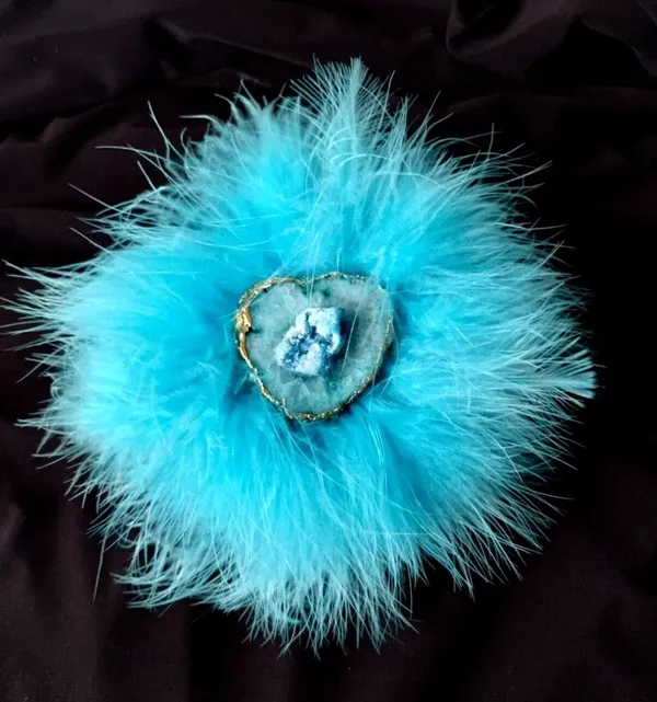 Ocean Blue Druzy Exotic Marabou Feather Leather 2" Cuff Bracelet