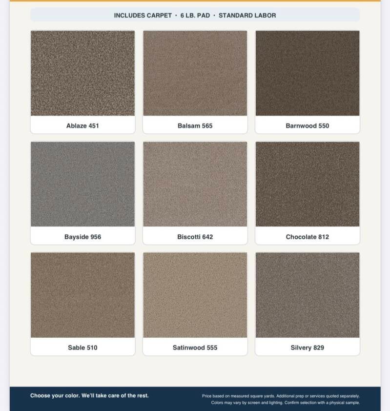 Carpet color samples — neutral brown and gray options