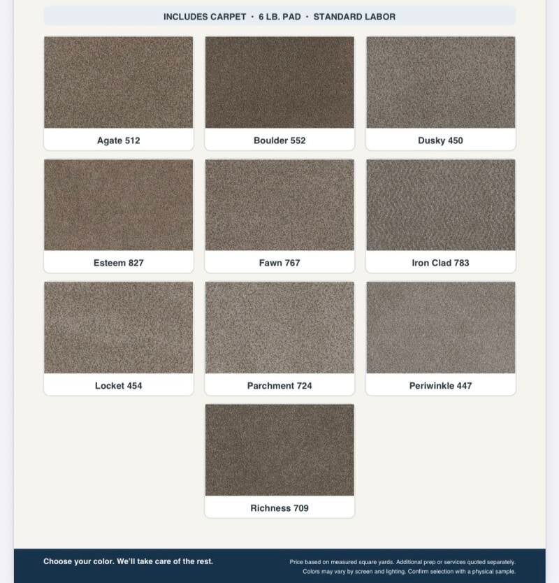 Carpet color samples — taupe and gray tones