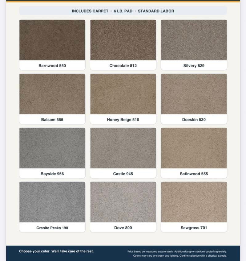 Carpet color samples — warm neutral and gray tones