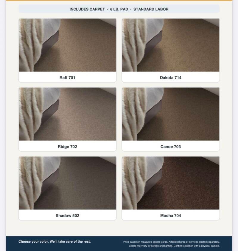 Carpet room color samples