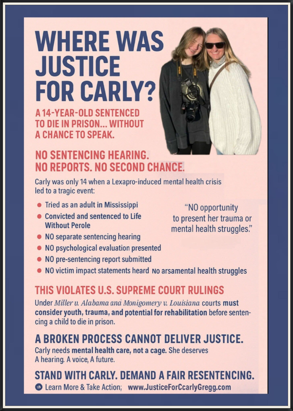 Protect Carly Gregg, Where was the Justice for Carly? 14 Year Old Sentenced to Die in Prision without a chance to speak