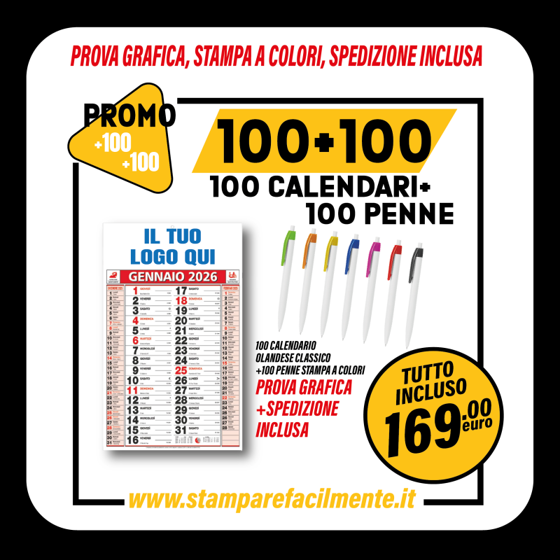 100 CALENDARIO OLANDESE + 100 PENNE CON CLIP PERSONALIZZATE