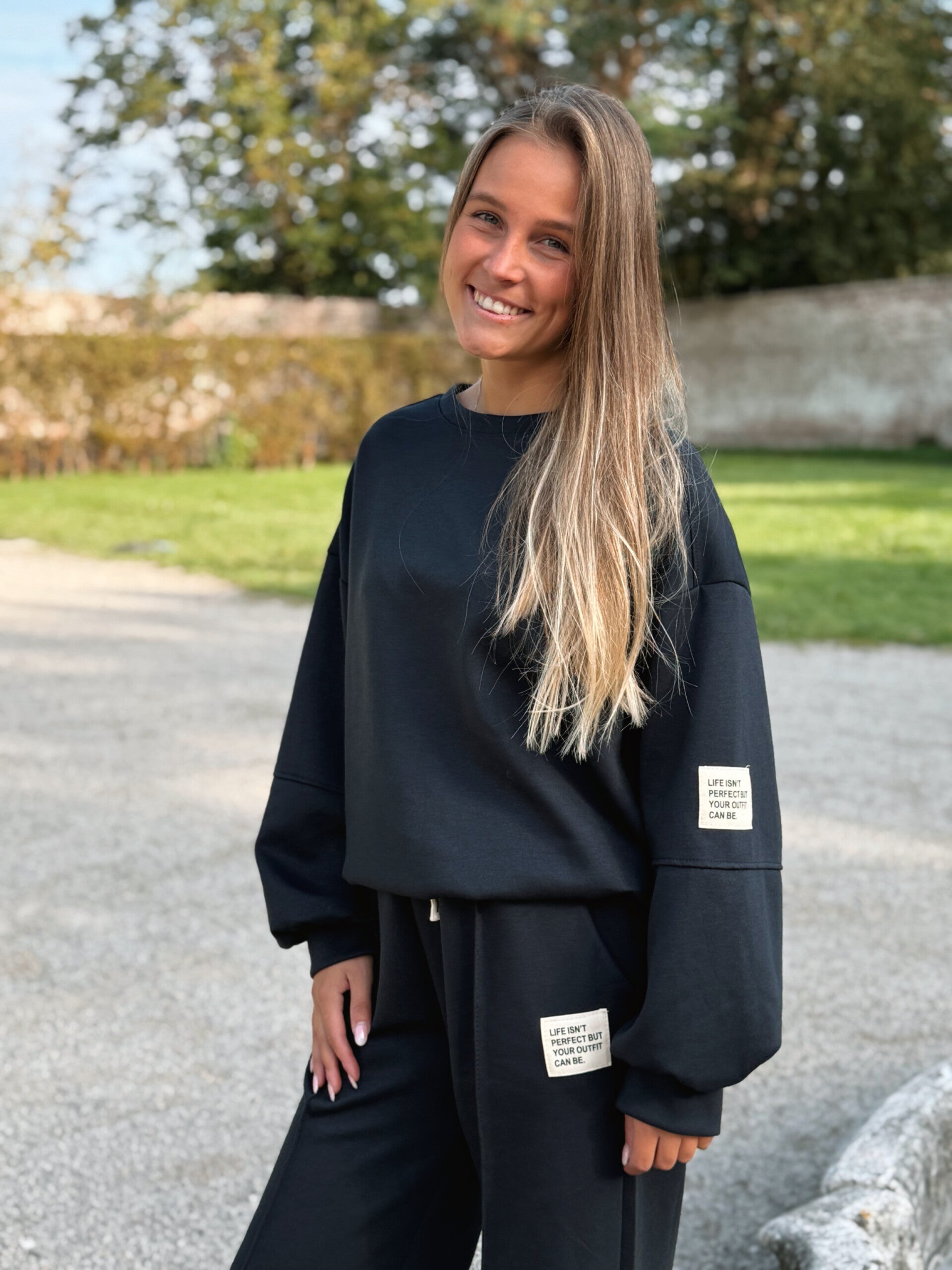 “Life isn’t perfect but your outfit can be” cozy training set - darkblue