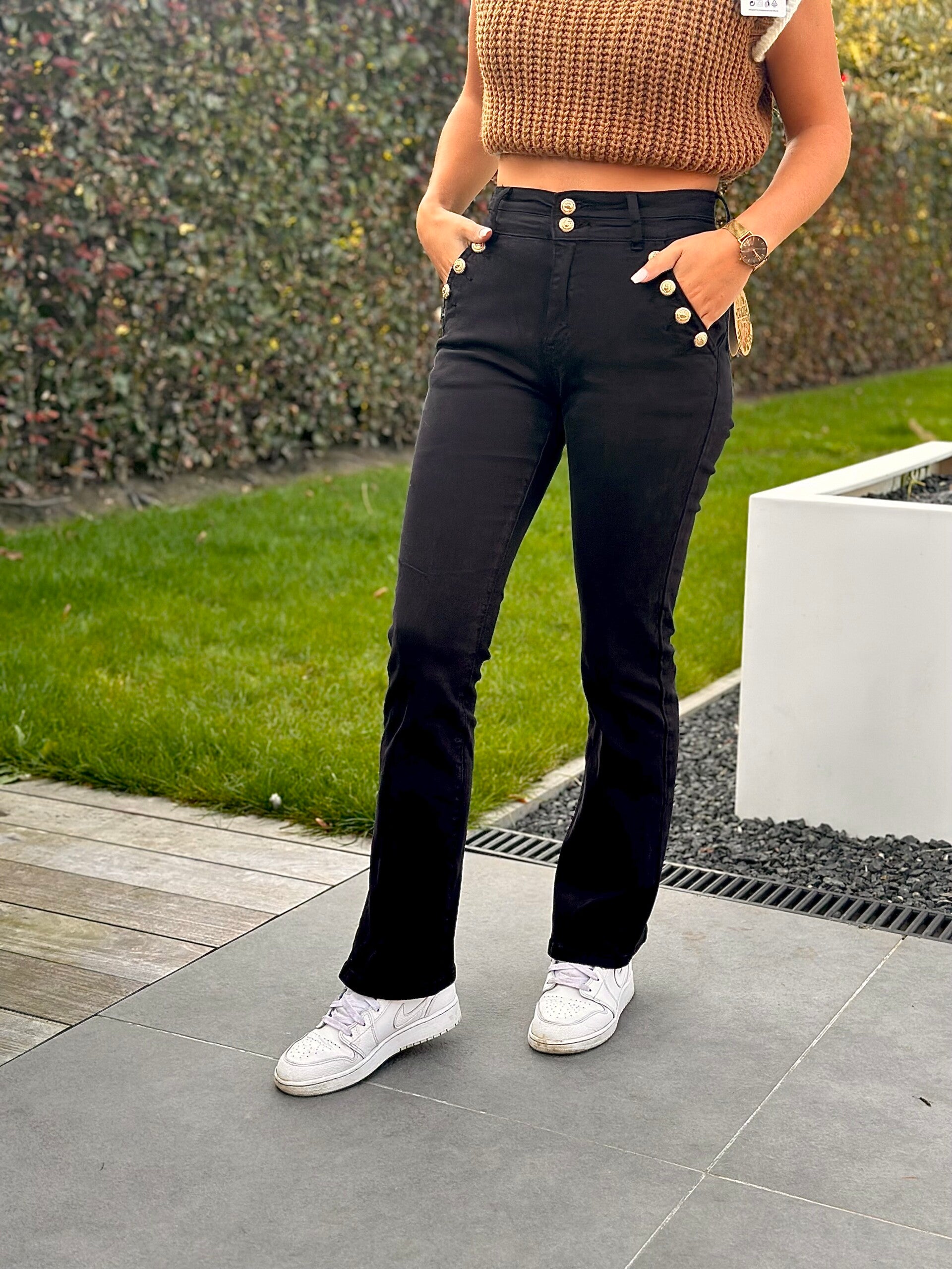 Black flare pants golden buttons