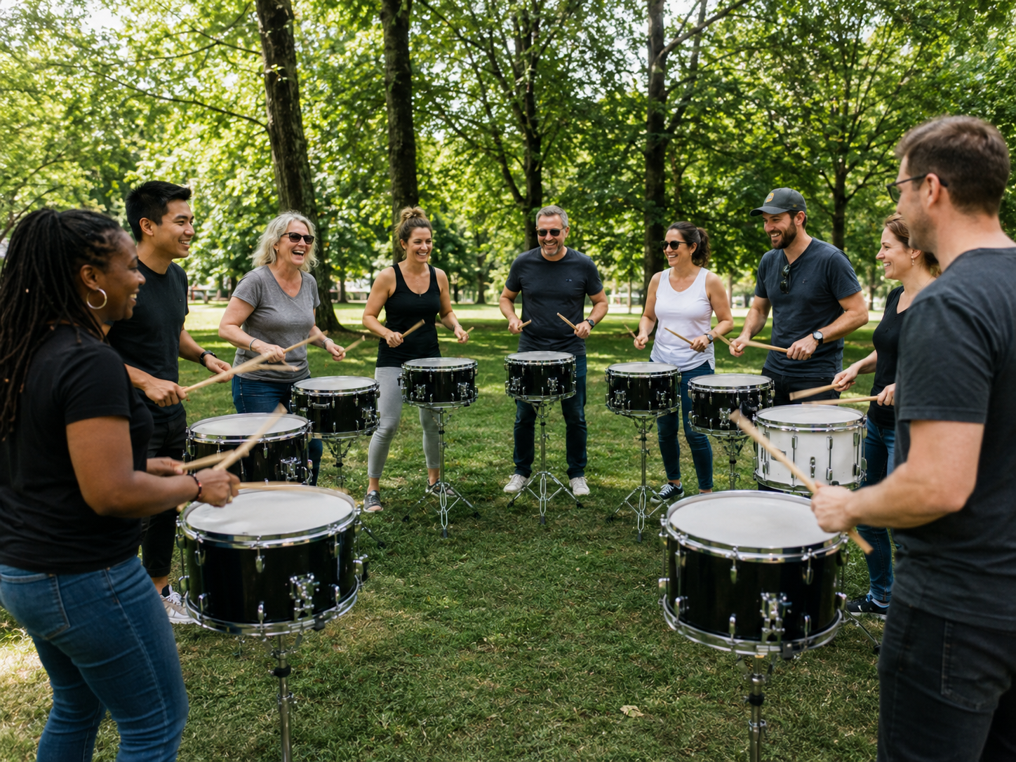 Deelnemers tijdens een trommelworkshop van Olaf Fase