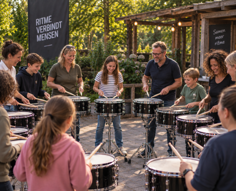 Sfeerbeeld van volwassenen en kinderen tijdens een open trommelworkshop op een evenement