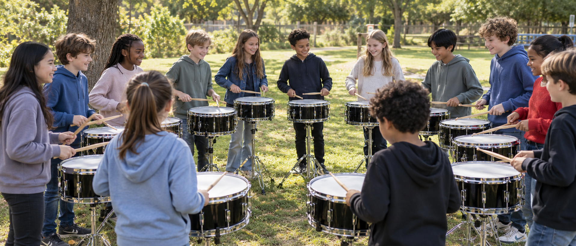 Kinderen spelen samen op snaredrums tijdens een trommelworkshop