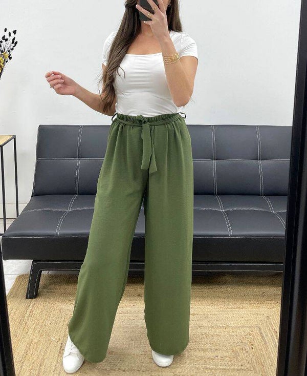 Pantalon Ample fluide ceinture à nouer Kaki