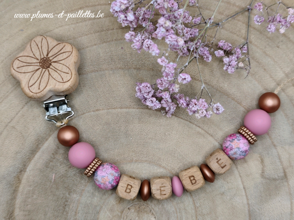 • Attache tétine avec Perles Spéciales Fleurs Liberty •