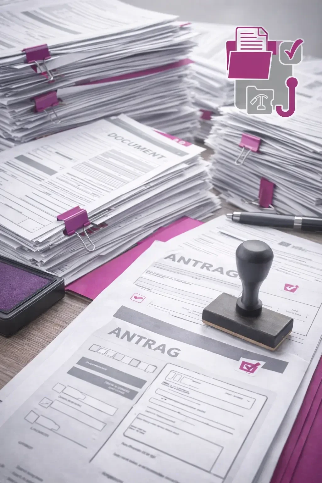 Behördenformulare, Stempel und Dokumente symbolisieren bürokratische Hürden bei Gewerbeanmeldung ohne festen Wohnsitz