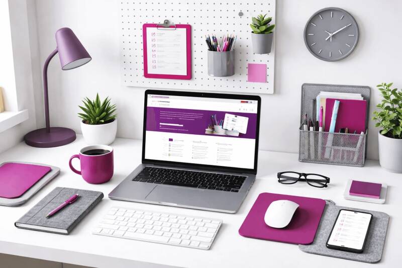 organisiert  aufgeräumter Schreibtisch mit Laptop 